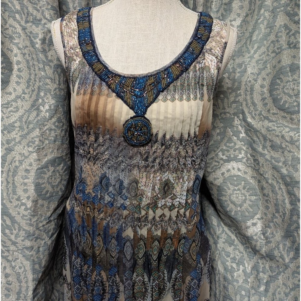 Bohemian Western Rodeo Multicolor Beaded Sleeveless Dress Gypsy Embellished MED
